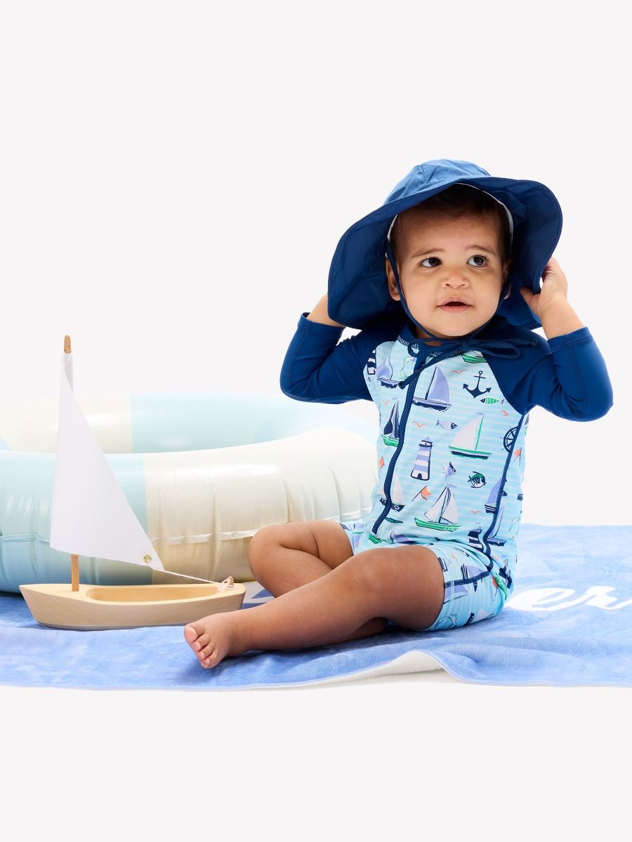 Blue Sweet Sails Long Sleeve One Piece Rash Guard Swimsuit
