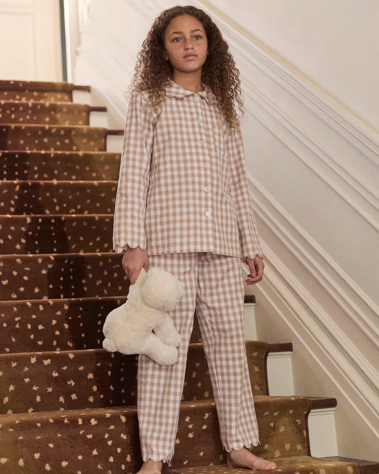 BEIGE Childrens Twill Colette Pajama In Camel Gingham
