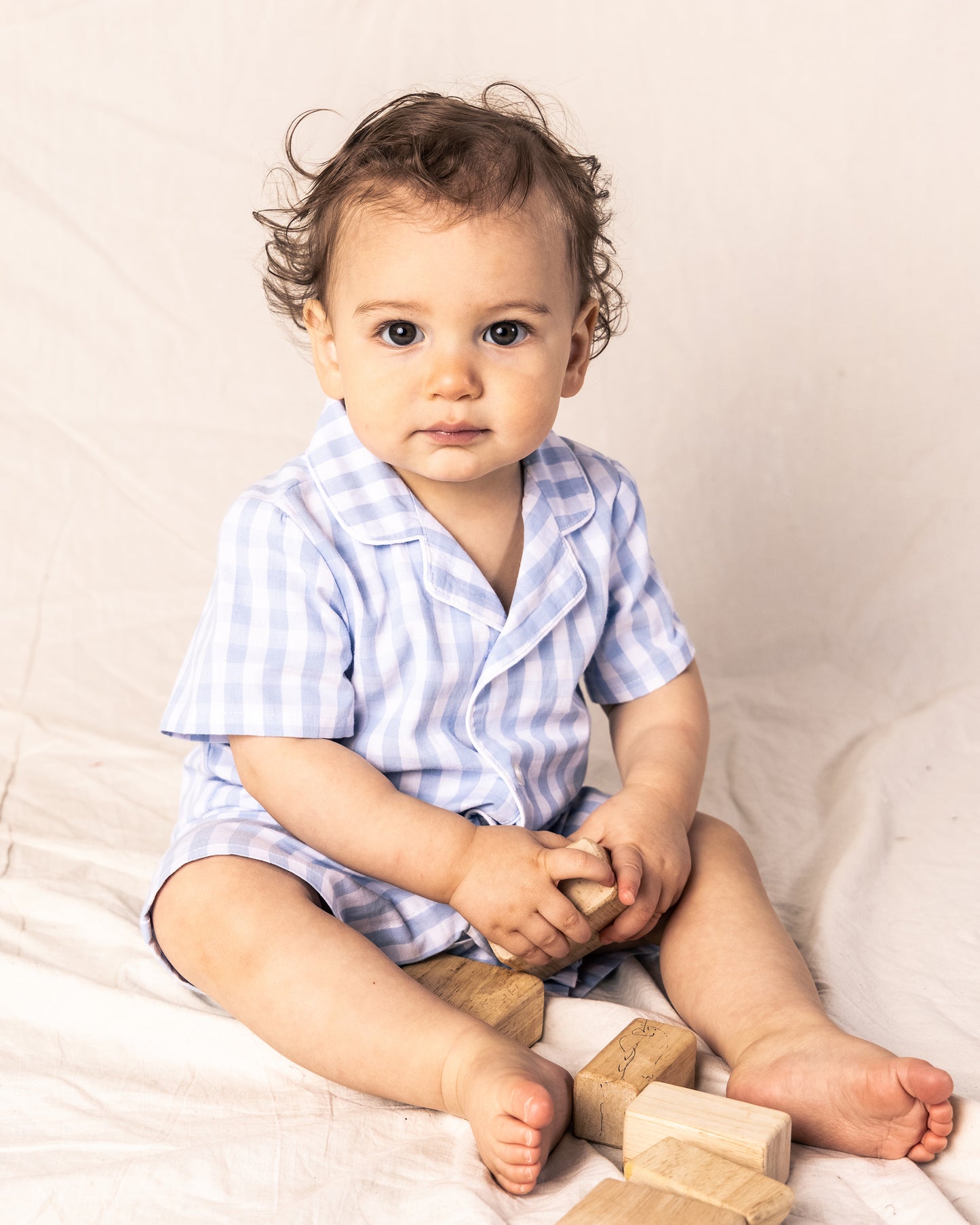 Baby's Twill Summer Romper in Light Blue Gingham