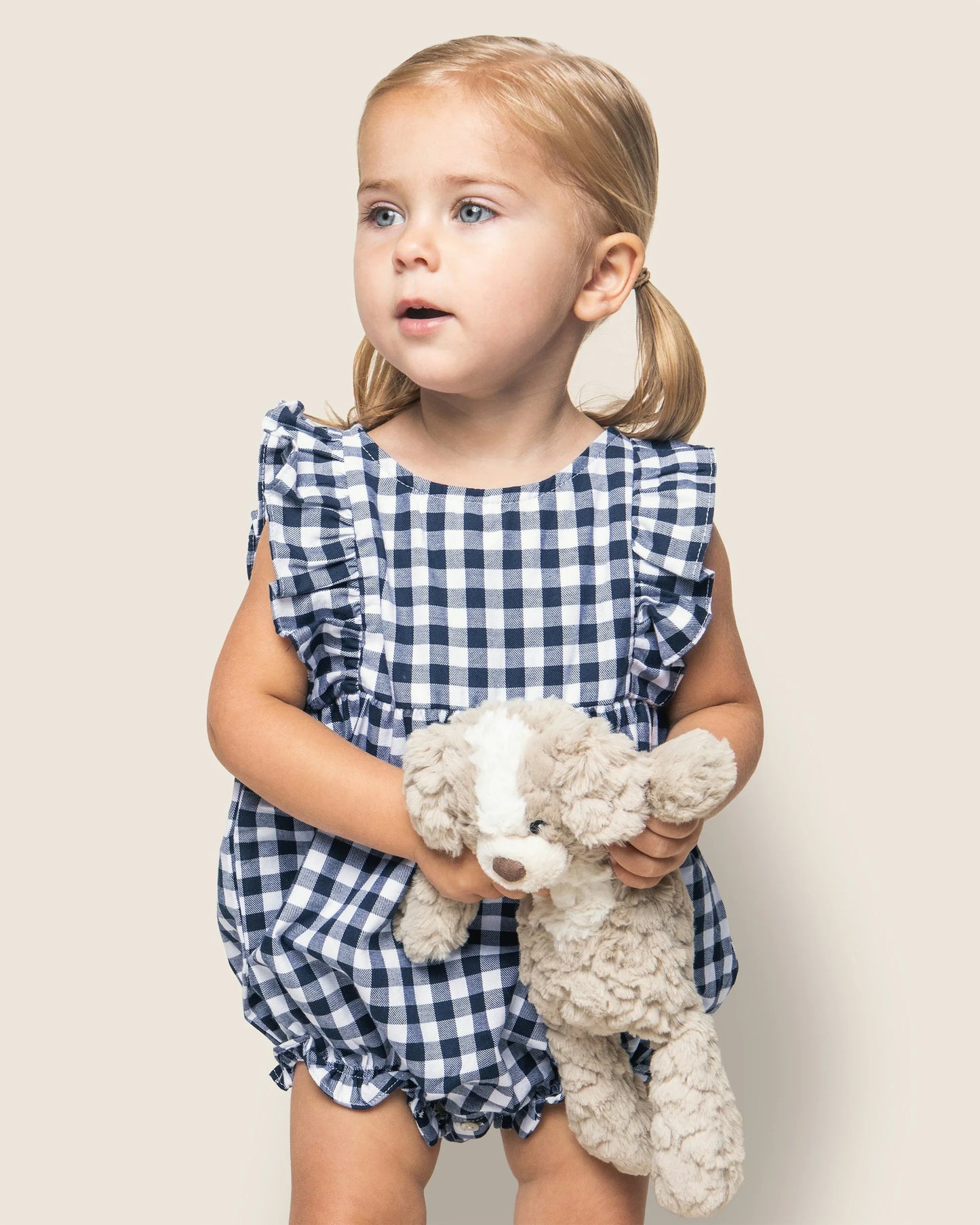 Baby's Twill Ruffled Romper in Navy Gingham
