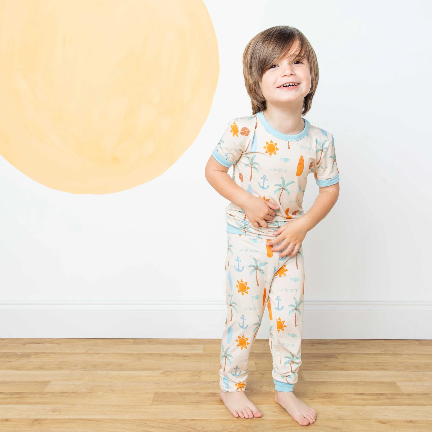 Chasing Waves Surfboard Two-Piece Bamboo Short Sleeve Kids Pajama Pants Set
