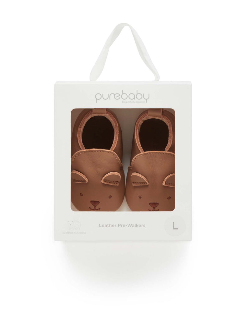 Tan Bear Leather Pull On Slippers