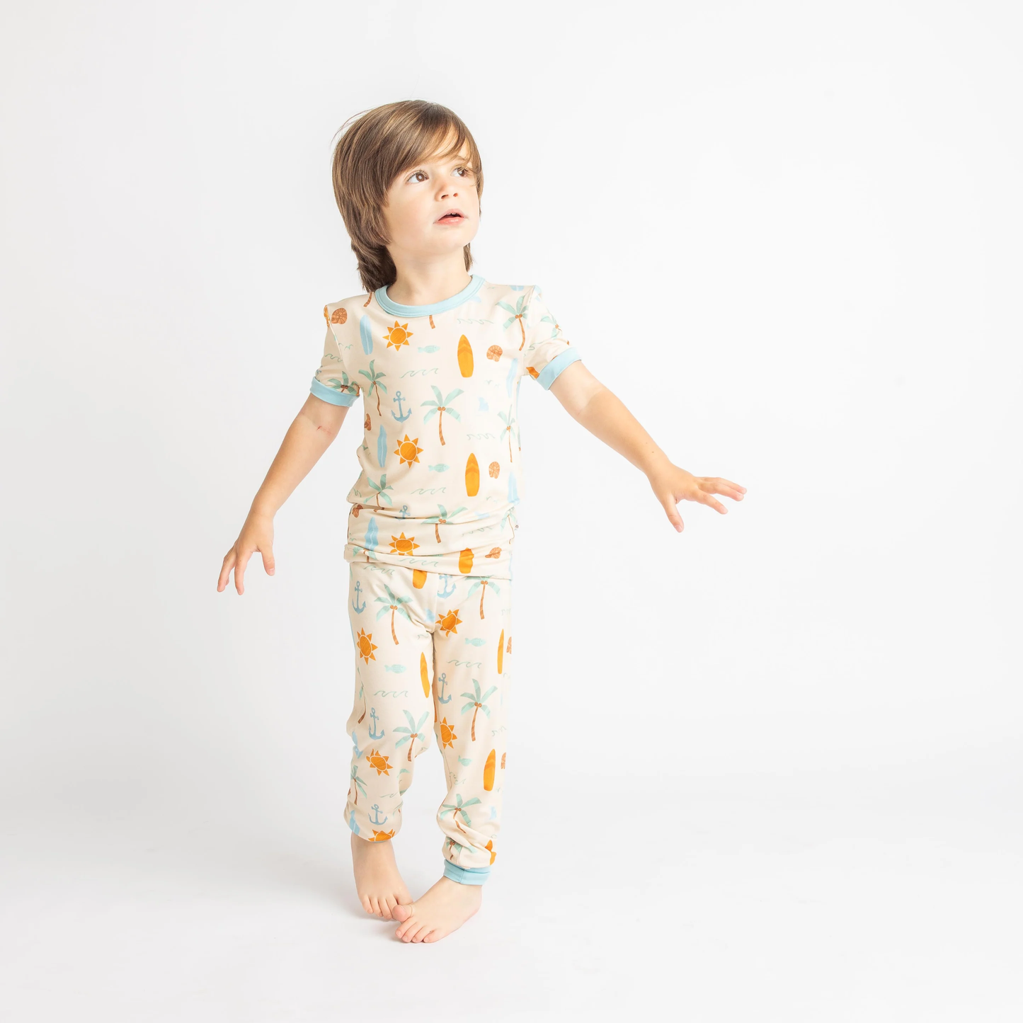 Chasing Waves Surfboard Two-Piece Bamboo Short Sleeve Kids Pajama Pants Set