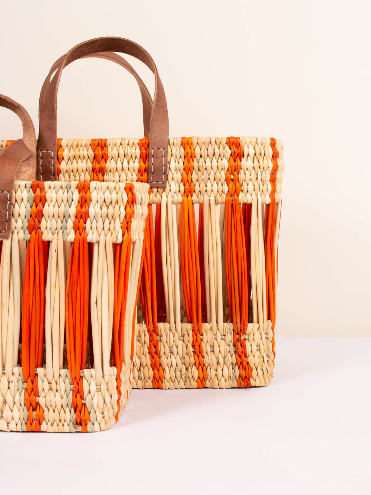 Decorative Reed Basket, Orange Stripe - Set of 2