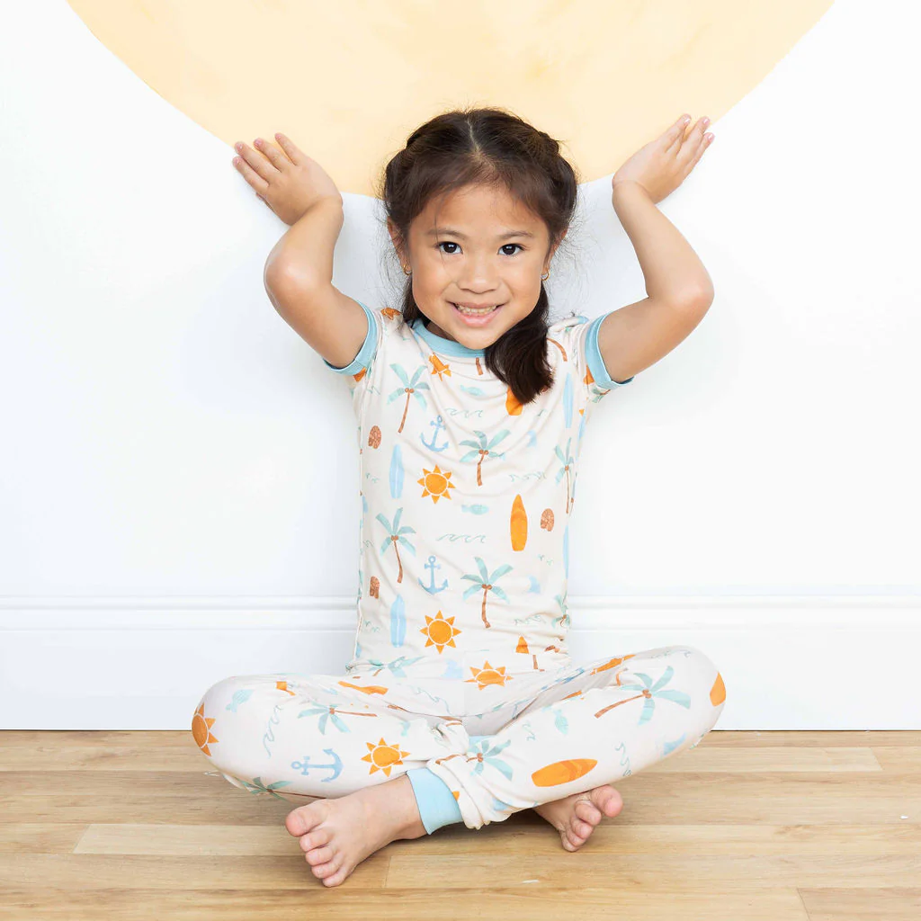 Chasing Waves Surfboard Two-Piece Bamboo Short Sleeve Kids Pajama Pants Set