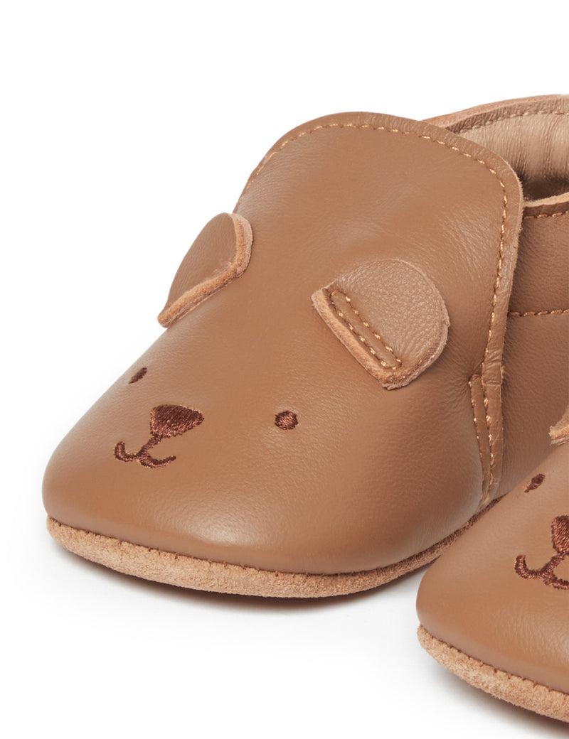 Tan Bear Leather Pull On Slippers