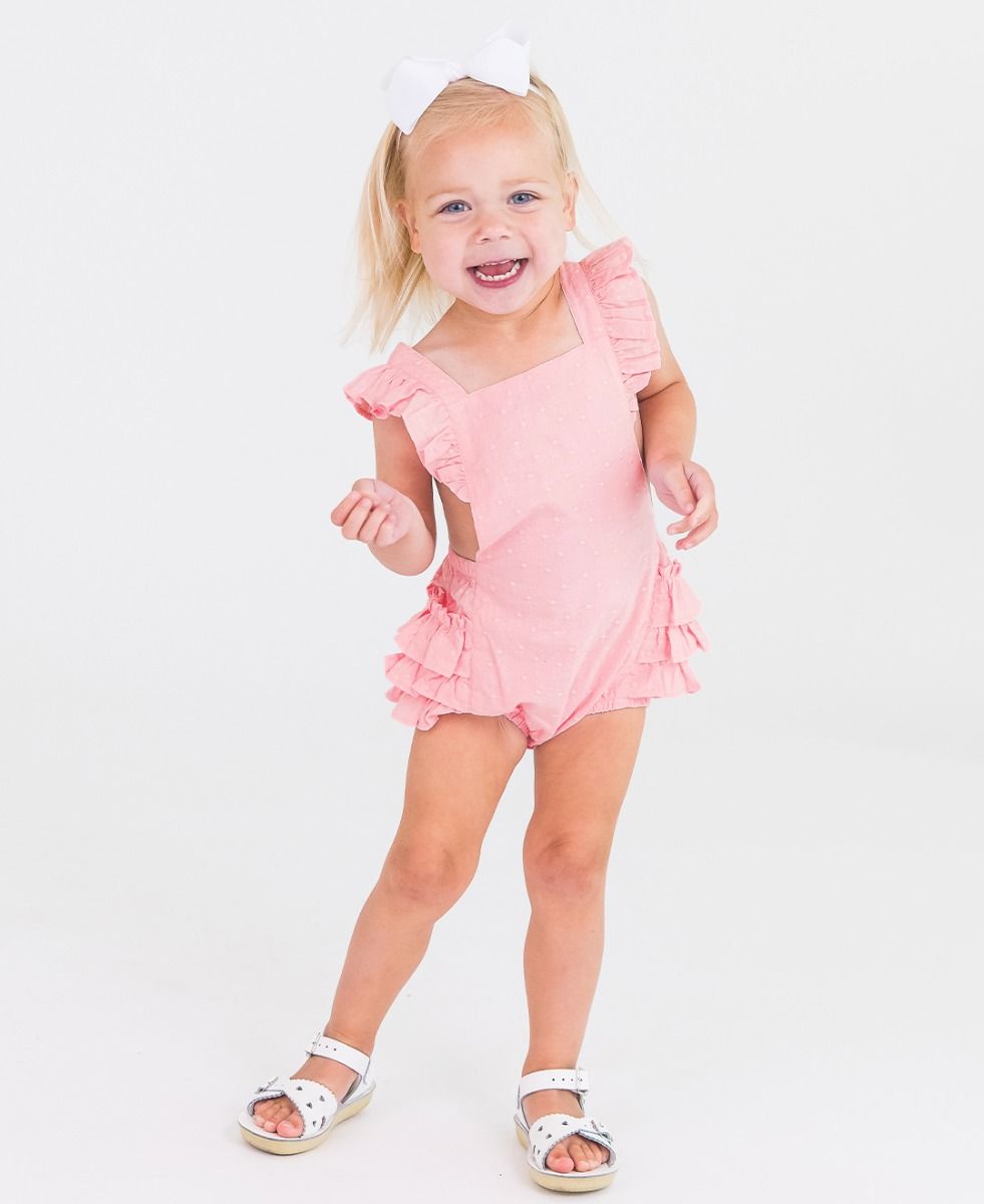 Pink Embroidered Vintage Dot Flutter Overall Romper