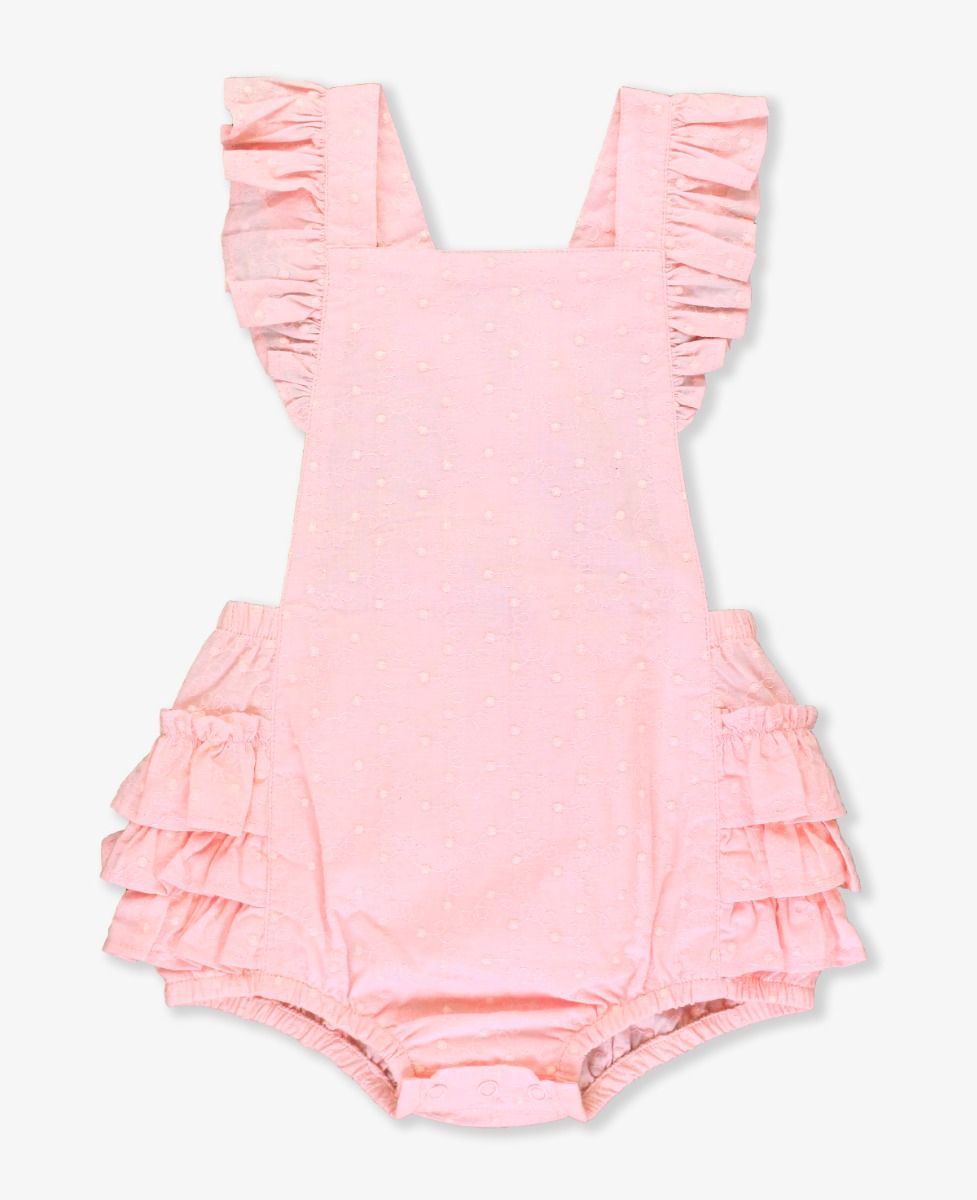 Pink Embroidered Vintage Dot Flutter Overall Romper
