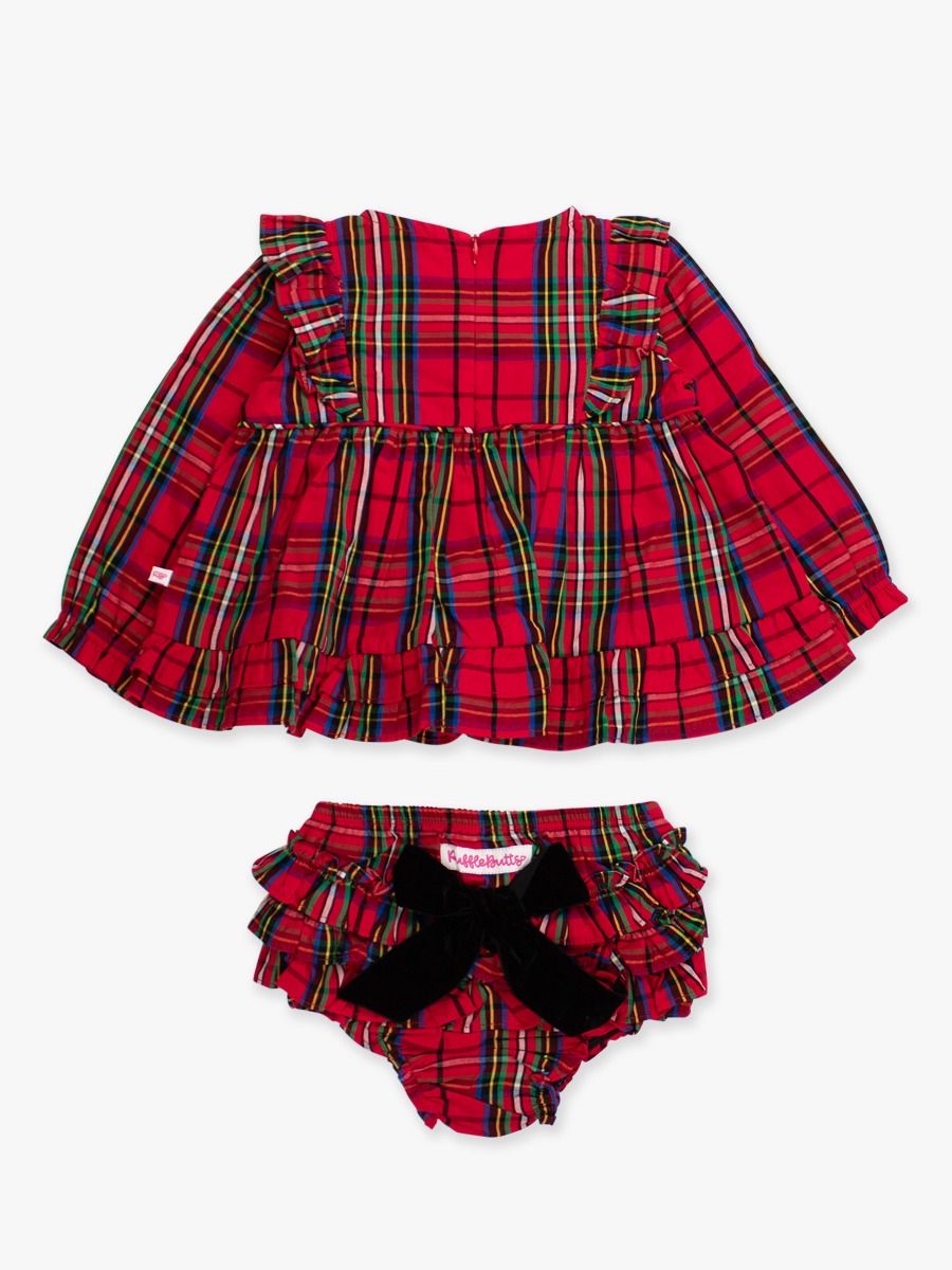 Red Nicholas Plaid Woven Long Sleeve Waterfall Bow Swing Top & Bloomer Set