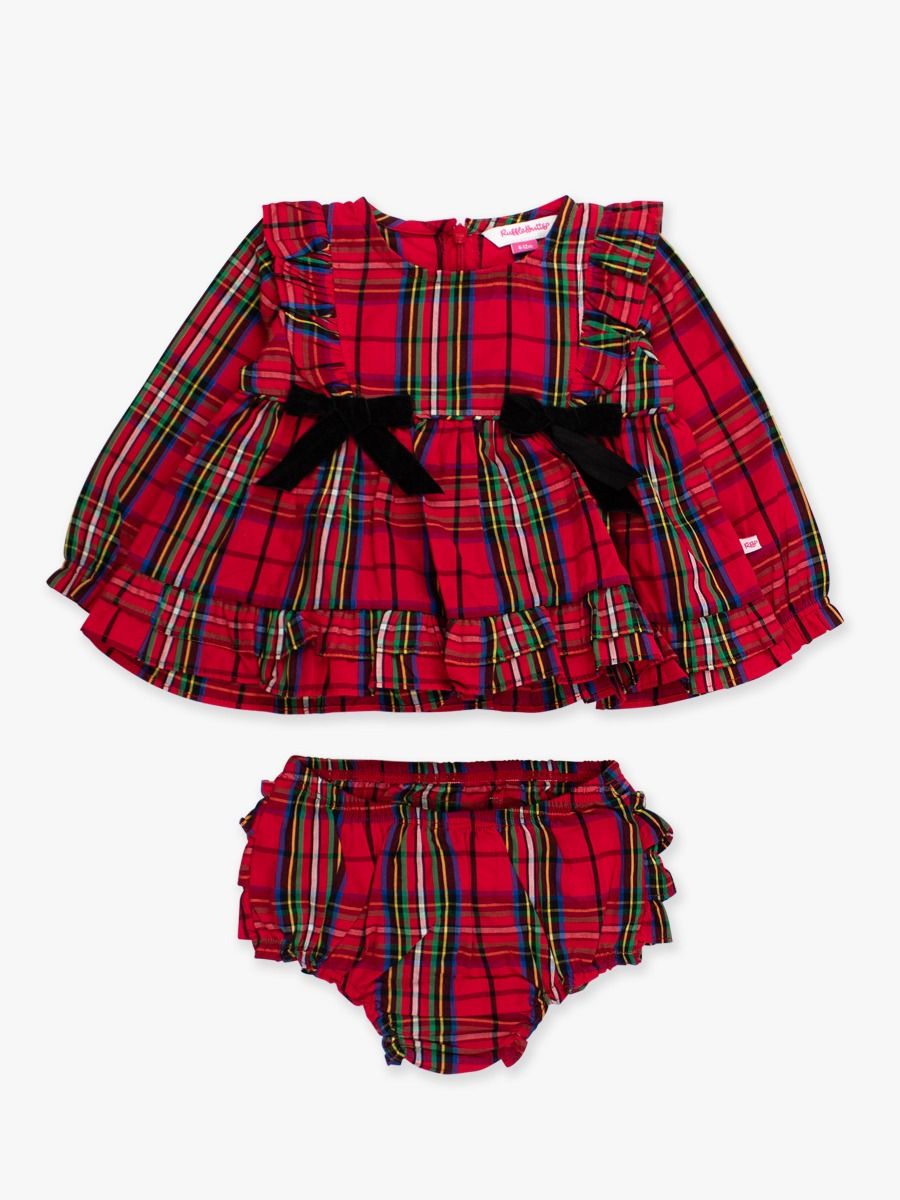 Red Nicholas Plaid Woven Long Sleeve Waterfall Bow Swing Top & Bloomer Set