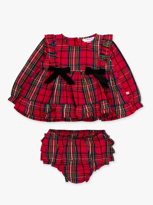 Red Nicholas Plaid Woven Long Sleeve Waterfall Bow Swing Top & Bloomer Set