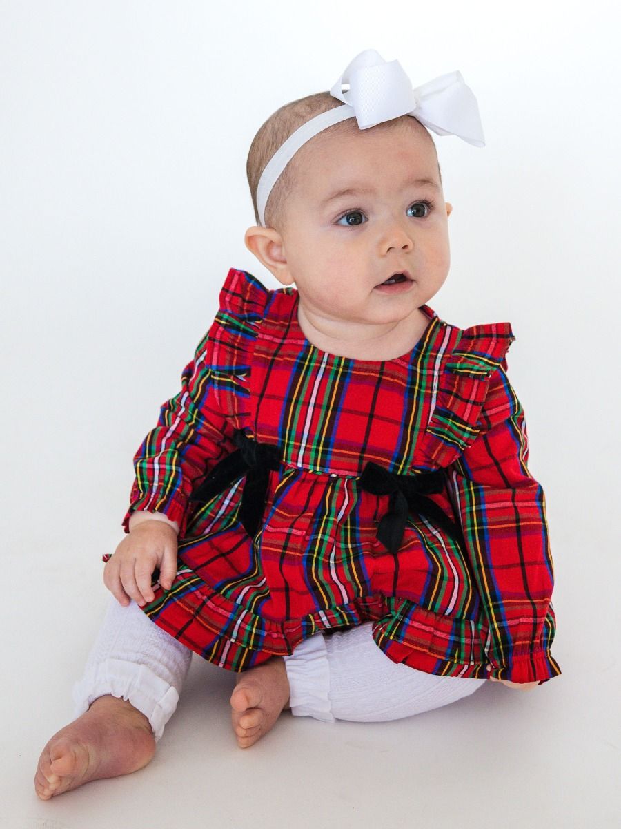 Red Nicholas Plaid Woven Long Sleeve Waterfall Bow Swing Top & Bloomer Set