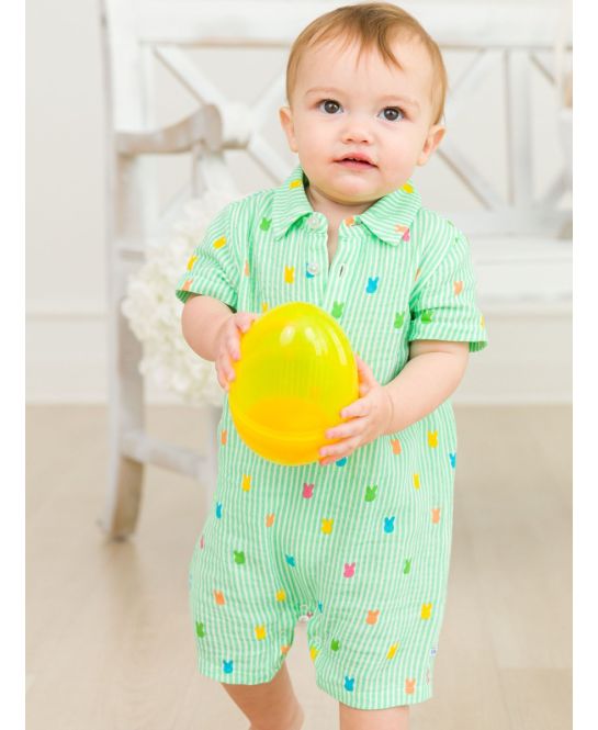 Green Bunny Stripe Button-Up Romper