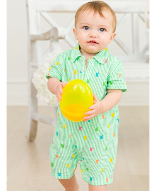 Green Bunny Stripe Button-Up Romper