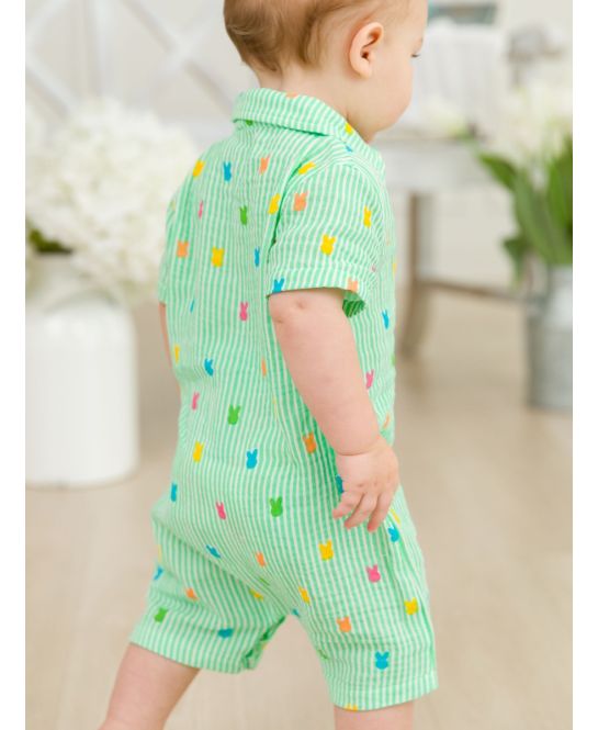 Green Bunny Stripe Button-Up Romper