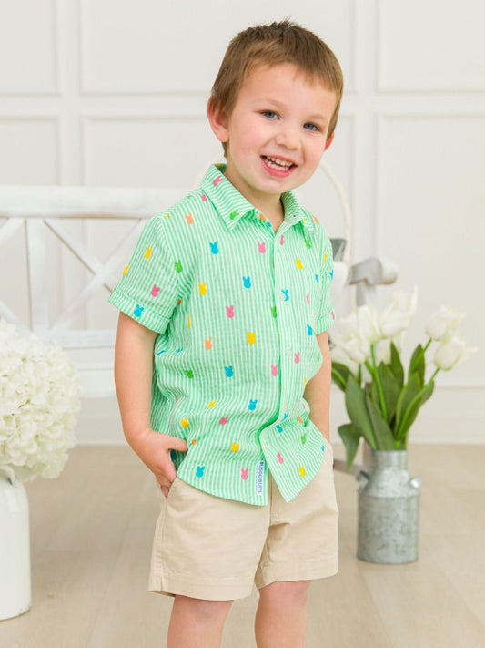 Green Bunny Stripe Short Sleeve Button Down Shirt