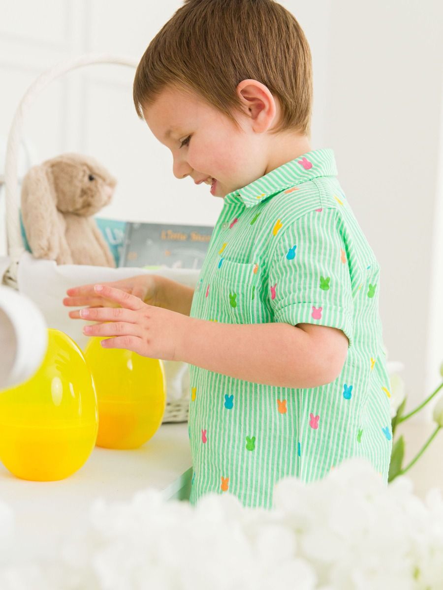 Green Bunny Stripe Short Sleeve Button Down Shirt