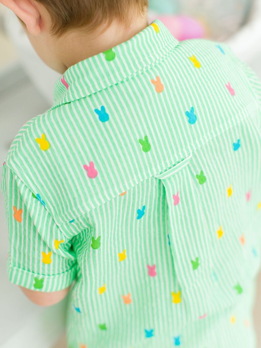 Green Bunny Stripe Short Sleeve Button Down Shirt