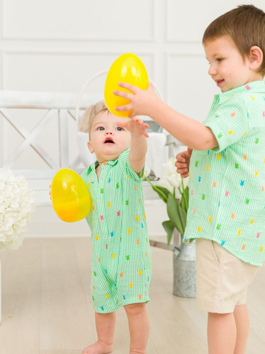 Green Bunny Stripe Short Sleeve Button Down Shirt