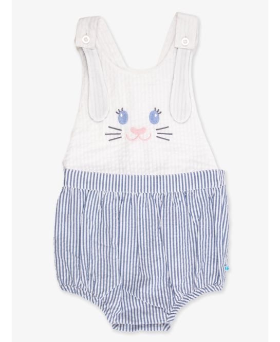 Blue Bunny Ears Seersucker Embroidered Overall Bubble Romper