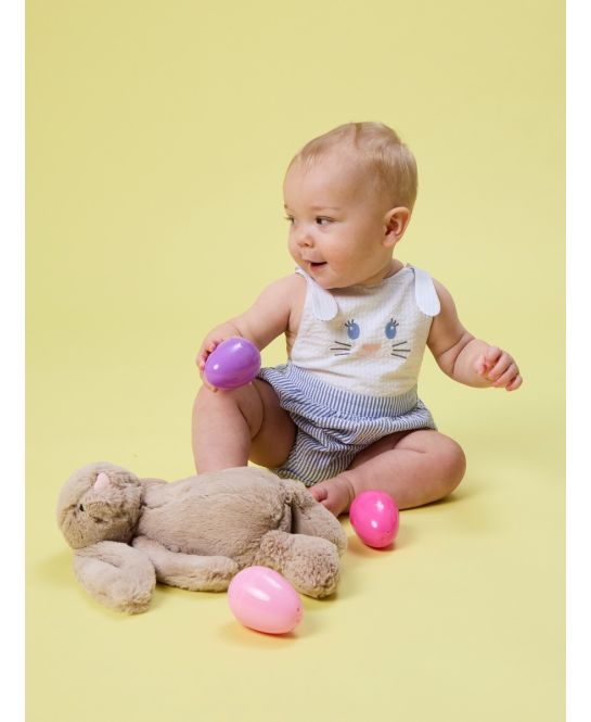 Blue Bunny Ears Seersucker Embroidered Overall Bubble Romper