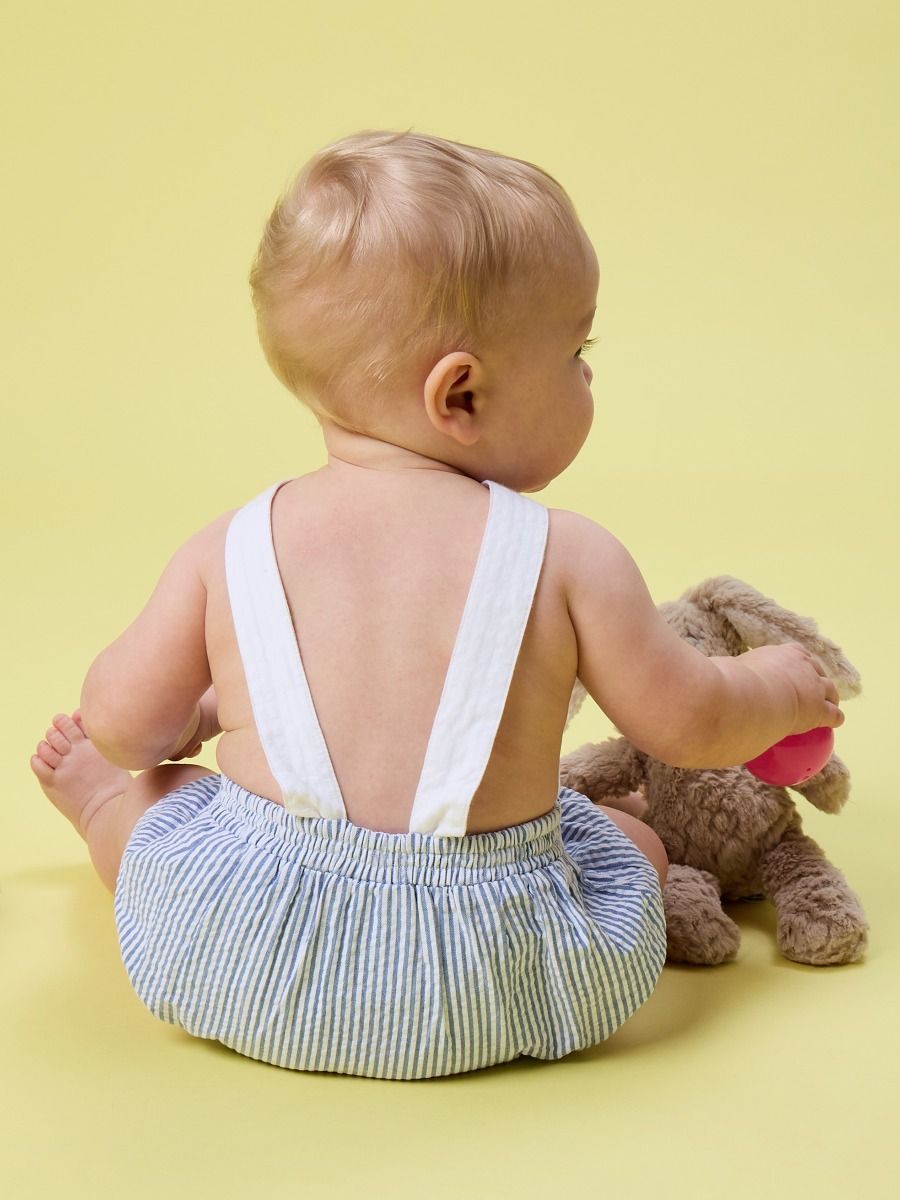 Blue Bunny Ears Seersucker Embroidered Overall Bubble Romper