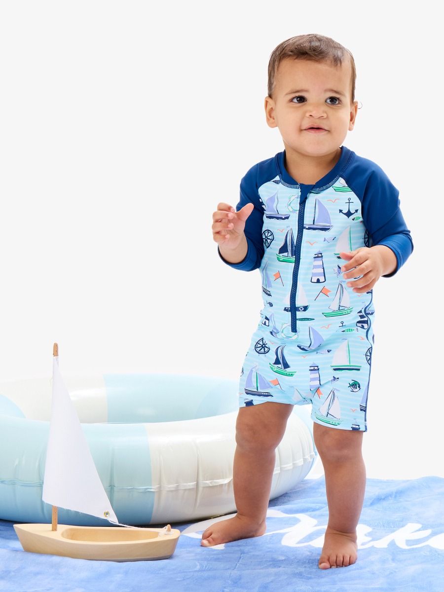 Blue Sweet Sails Long Sleeve One Piece Rash Guard Swimsuit