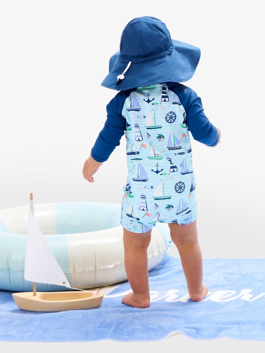 Blue Sweet Sails Long Sleeve One Piece Rash Guard Swimsuit