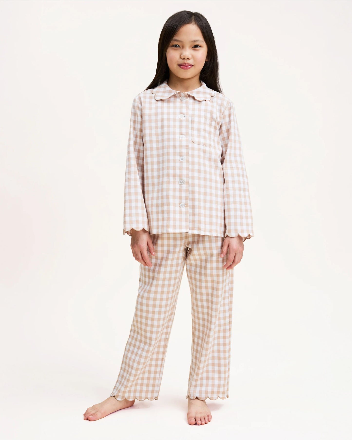 BEIGE Childrens Twill Colette Pajama In Camel Gingham