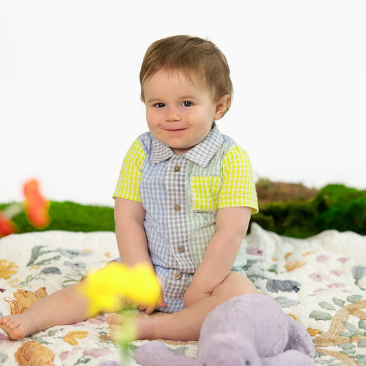 Multi Gingham Magnetic Boys Collar Romper