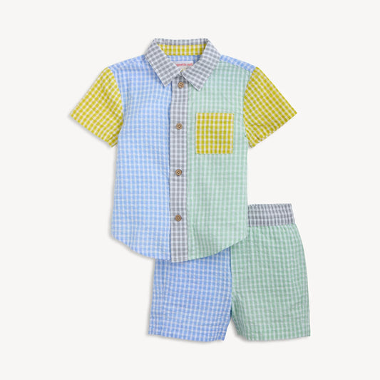Multi Gingham Magnetic Boys Collar Shirt & Shorts