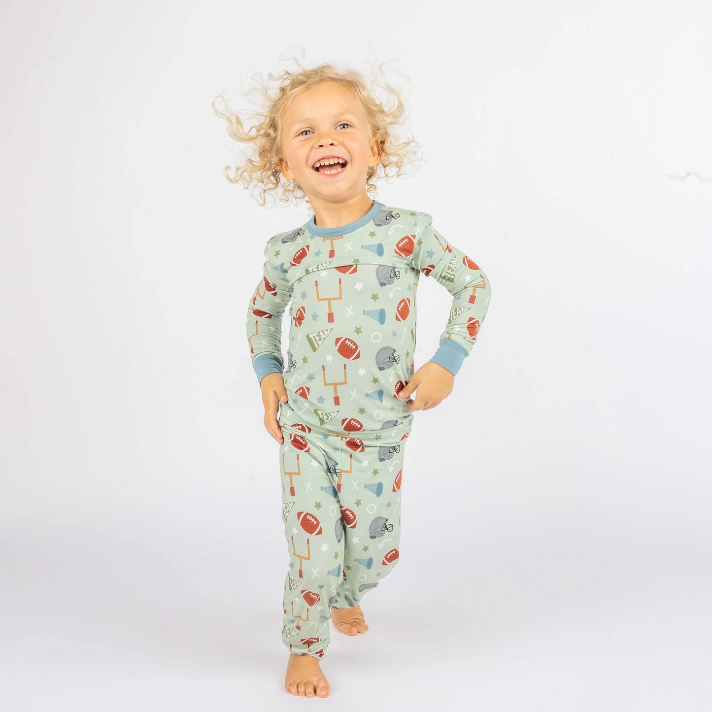 Game Day Green Football Two-Piece Bamboo Long Sleeve Kids Pajama Pants Set