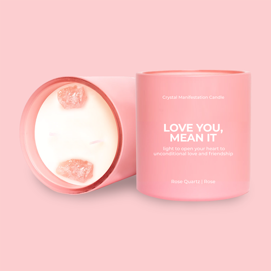 "Love You, Mean It" Crystal Manifestation Candle - Rose Scented with Rose Quartz