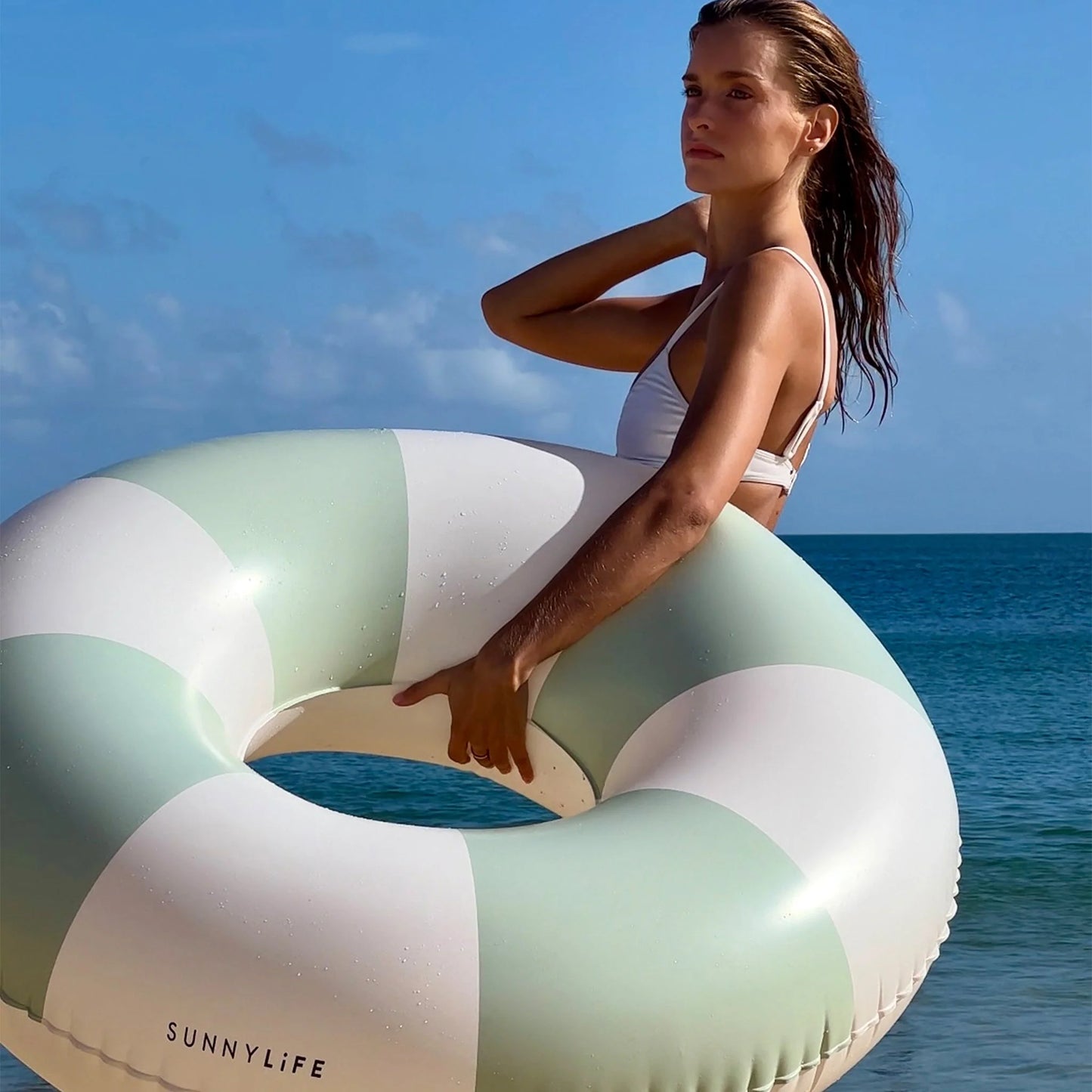 The Vacay Soft Olive Stripe Tube Pool Ring