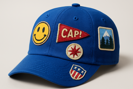 blue cap hat with patches