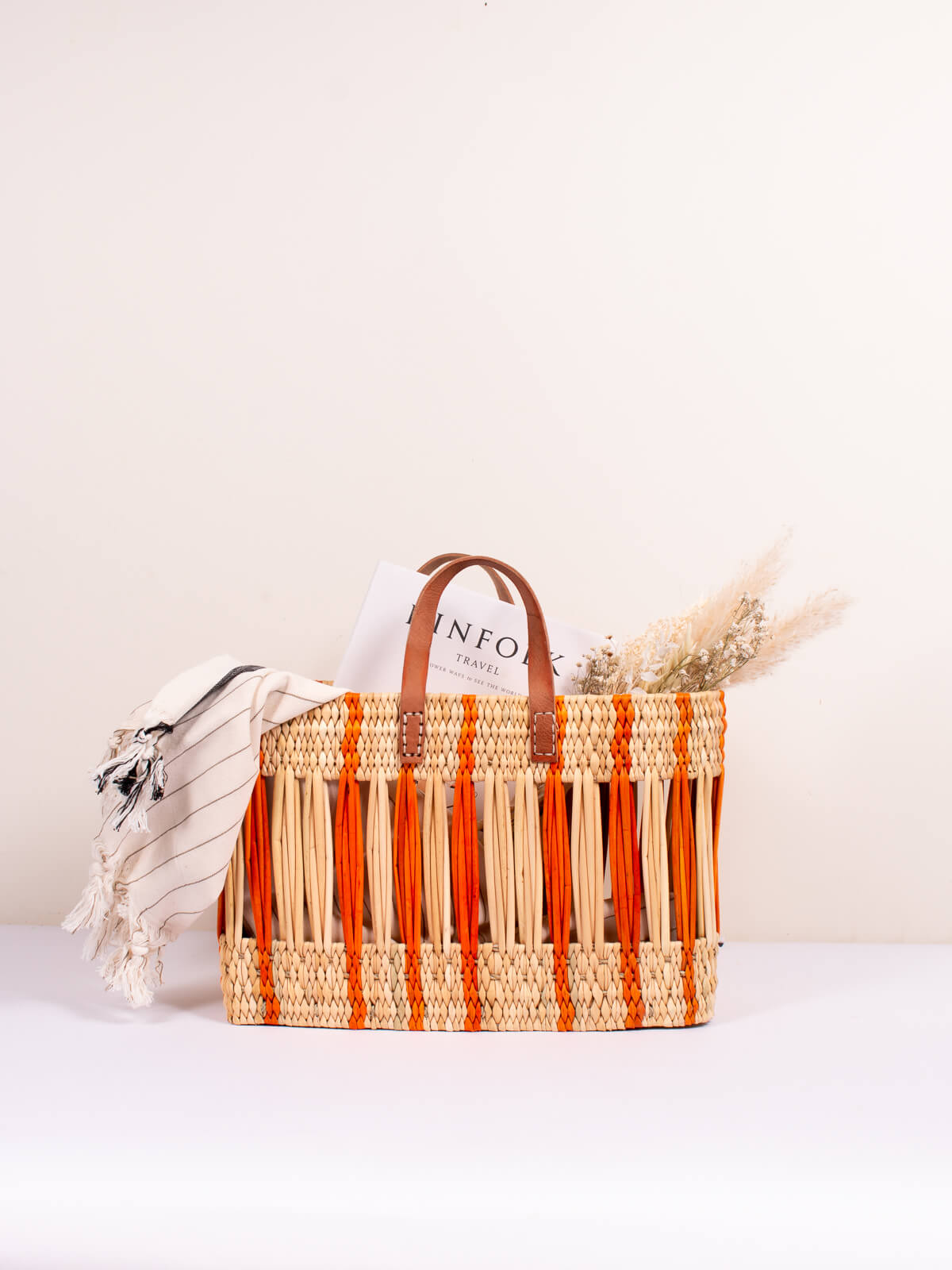 Decorative Reed Basket, Orange Stripe - Set of 2