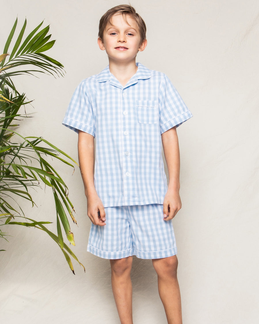 Kid's Twill Pajama Short Set in Light Blue Gingham