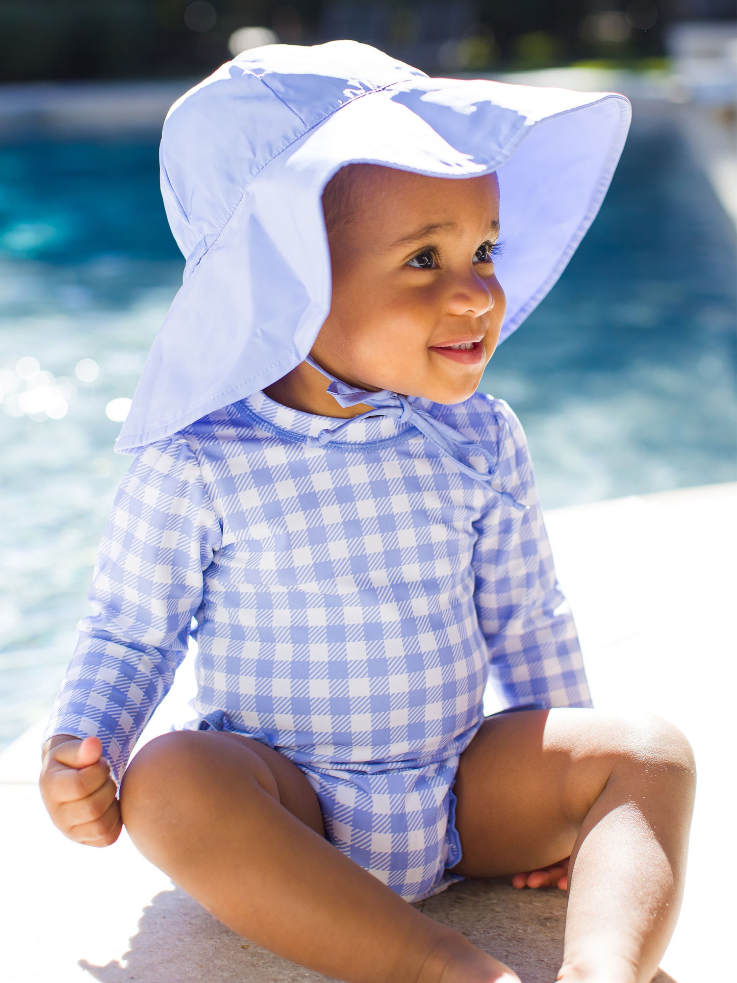 Periwinkle Blue Gingham Long Sleeve One Piece Rash Guard